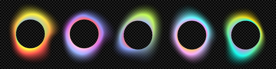 Poster - Color gradient circle backgrounds, abstract neon light shape with color gradation on vector black. Color blend mesh of holographic dynamic gradient flow or chromatic radiant transition. Logo template