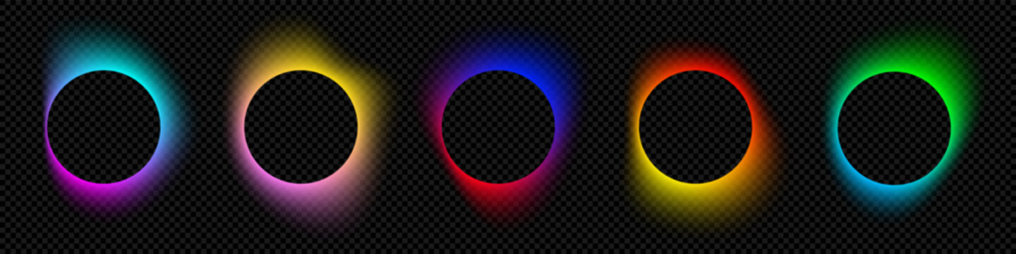 Color gradient circles, abstract neon light shape with color gradation on vector black background. Color blend mesh of chromatic gradient flow. Logo template