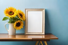 Blank Photo Frame With Sunflowers Bouquet In Vase Isolated On Pastel Blue Background
