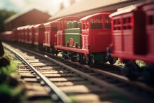 Red Train With Green Wagons Under Sunshine. Generative AI