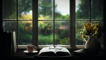 Rain Falling On The Glass Window Sill, Flowing Raindrops, Comfortable Rain Sound ASMR, And A Cozy Cafe With Books, Glasses, And Coffee On The Desk, And A Resting Place In The Library