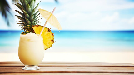 Pina Colada cocktail on background with blue sea and sky tropical background. Generative AI