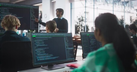 Aufkleber - Educator Giving Lesson to Diverse Multiethnic Group of Female and Male Students in College Room. Class Learning About Computer Science and Software Development. Lecturer Shares Knowledge with Scholars