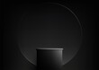 3D realistic empty black podium platform with geometric circle transparent glass backdrop on dark background minimal style