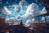 Fototapeta  - a young guy among books and clouds, the world of dreams, reading literature, created by a neural network, Generative AI technology