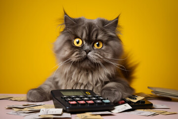Wall Mural - cat accountant, a cat with a calculator and bills, created by a neural network, Generative AI technology