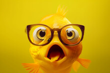 A Shocked Fish With Glasses On A Yellow Background, Created By A Neural Network, Generative AI Technology
