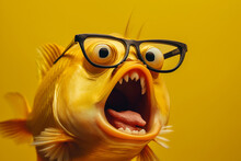A Shocked Fish With Glasses On A Yellow Background, Created By A Neural Network, Generative AI Technology