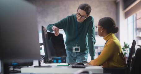 Aufkleber - Diverse Multiethnic Team of Two Students Chatting in Computer Class, Preparing for Exams in School. Young Software Developers Talking About Creating an Online Research Project About AI Safety