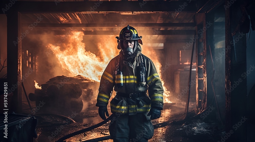 Firefighter in front of a burning house. Fireman, burning building ...