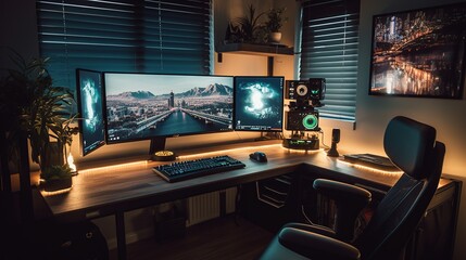 Cozy home game room with PC and desk. Multiple monitors. Ultrawide computer monitor on a table with neon lights. Generative AI