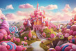 canvas print picture - castle in the land of sweets, a bright saturated landscape in pink flowers, created by a neural network, Generative AI technology