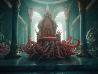 Canvas Print - A giant throne-octopus with tentacles somewhere in undersea. AI generative image.