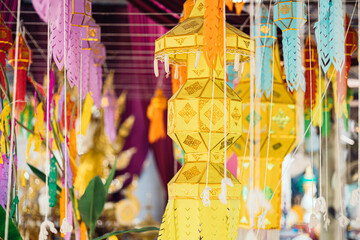 Sticker - Yipeng Northern Thai culture hanging lantern paper lamp beautiful colorful Lanna traditional festival in temple.