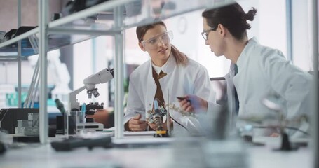 Leinwandbilder - Two Diverse Young Professionals Having a Conversation in a Laboratory, Inspecting a Computer Motherboard with Microchips. Young Colleagues Talking, Thinking About Finishing a Hardware Upgrade Project
