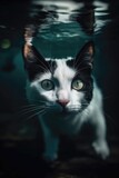 Fototapeta Morze - Portrait of a curious black and white American Curl cat diving underwater. Generative AI art.