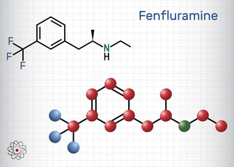 Sticker - Fenfluramine drug molecule. It is phenethylamine, used as an appetite suppressant. Structural chemical formula and molecule model. Sheet of paper in a cage