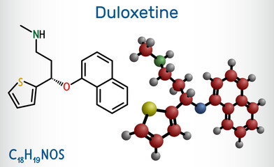 Poster - Duloxetine antidepressant  drug molecule. It is used to treat  anxiety disorder, neuropathic pain, osteoarthritis. Structural chemical formula and molecule model.