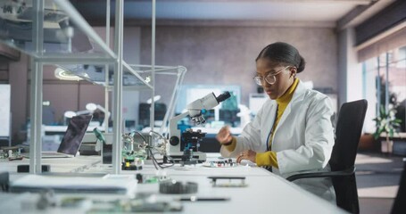 Leinwandbilder - College Science Classroom: Diverse Young Black Female Experimenting with Computer Components, Connecting a Circuit Board, Using Microscope and a Screwdriver in a Laboratory
