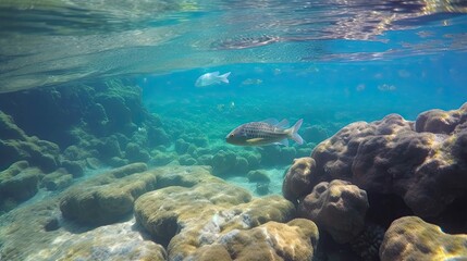 Photo of fish near the surface of the water near the rocky shore, near coral reef