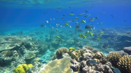 Photo of fish near the surface of the water near the rocky shore, near coral reef