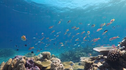 Photo of fish near the surface of the water near the rocky shore, near coral reef