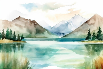 generative ai illustration of beautiful landscape with mountains and lakes in watercolor, aquarelle 