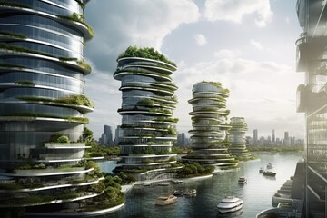 Wall Mural - waterfront skyline with towering buildings. generative ai