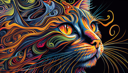  Psychedelic cat illustration. Colorful background. Hippie texture. Generative AI.