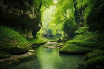 Sticker - serene river flowing through a dense forest. Generative AI