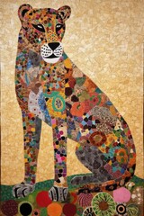 Canvas Print -  Cheetah made from squares, circles, alphabets, polka dots, lines, flowers, and patterns, traditional African in the background. generative ai