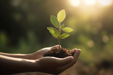 hands holding young plant in sunshine and green background at sunset. environment conservation, refo