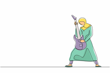 Poster - Single continuous line drawing Arabian female musician playing electric guitar. Woman practicing in playing guitar. Guitarist perform playing music instrument on stage. One line graphic design vector
