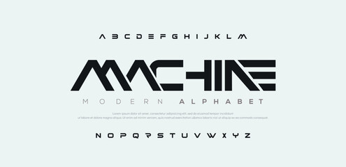 Poster - MACHINE, futuristic style alphabet. Thin segment line font, minimalist type for modern futuristic logo, elegant monogram, digital device graphic. Minimal style letters, vector typography design.