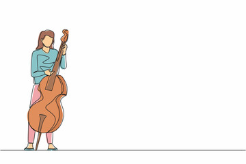 Wall Mural - Continuous one line drawing double bass player standing with big string instrument. Woman musician playing classical music with fingers. Professional contrabassist. Single line graphic design vector