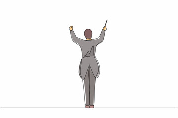Wall Mural - Single continuous line drawing back view of man conductor performing on stage, male musician in tuxedo directing classic instrumental symphony orchestra. One line graphic design vector illustration