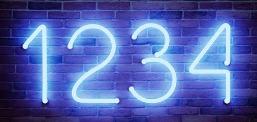 Poster - Glowing neon number (1, 2, 3, 4) signs on brick wall