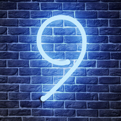 Sticker - Glowing neon number 9 sign on brick wall