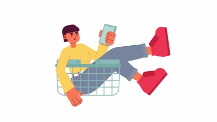 Wall Mural - animated online buyer. female customer selecting goods on phone in shopping basket animation. 2d car