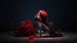 Black tango shoes, high heel stilettos on a black background decorated with rose flowers. AI generative.