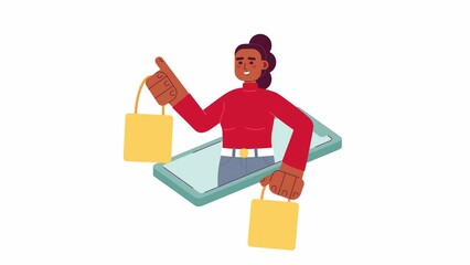 Wall Mural - online shopping hobby animation. animated happy woman with bags showing out mobile phone 2d cartoon 