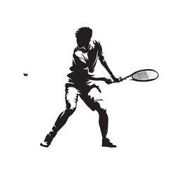Wall Mural - Tennis player backand shot, isolated vector silhouette. Tennis logo