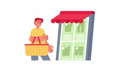 Wall Mural - buying in online store animation. animated guy holding shopping basket 2d cartoon flat character. mo