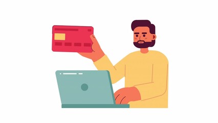 Wall Mural - making payment online animation. animated man at laptop pulling out credit card 2d cartoon flat char