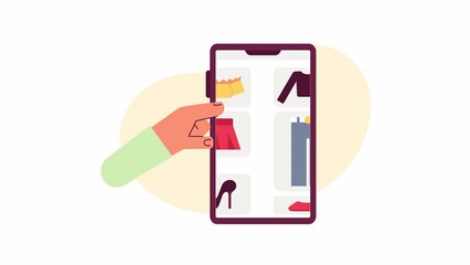 Wall Mural - animated clothes store app. swiping online shop 2d cartoon flat animation. fashion ecommerce on phon