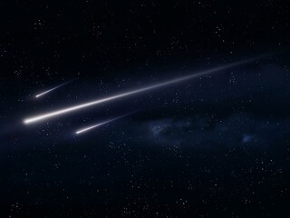 beautiful meteorites in starry night sky. three meteoroids on a black background. meteor glowing tra
