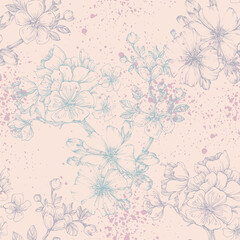 Seamless pattern with cherry tree blossom. Vintage hand drawn vector illustration in sketch style. Pink cherry flowers textile print, spring tree blossom fabric, rosy simple flowers.
