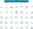 © Nina - Seafood restaurant linear icons set. Oceanic, Nautical, Marina, Catch, Shellfish, Fishmonger, Shrimp line vector and concept signs. Lobster,Crab,Oyster outline illustrations