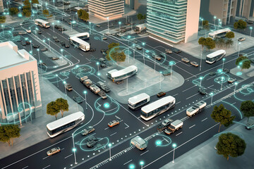smart cities connect vehicles to buildings to persons, illustration, generative ai