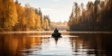 Fisherman Fishing From The Boat In The Lake On Sunny Autumn Day. Generative AI